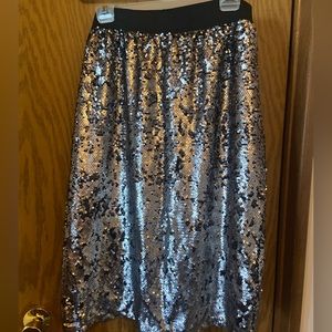Worthington Brand, sequin skirt, pewter. Elastic waistband, midi length.